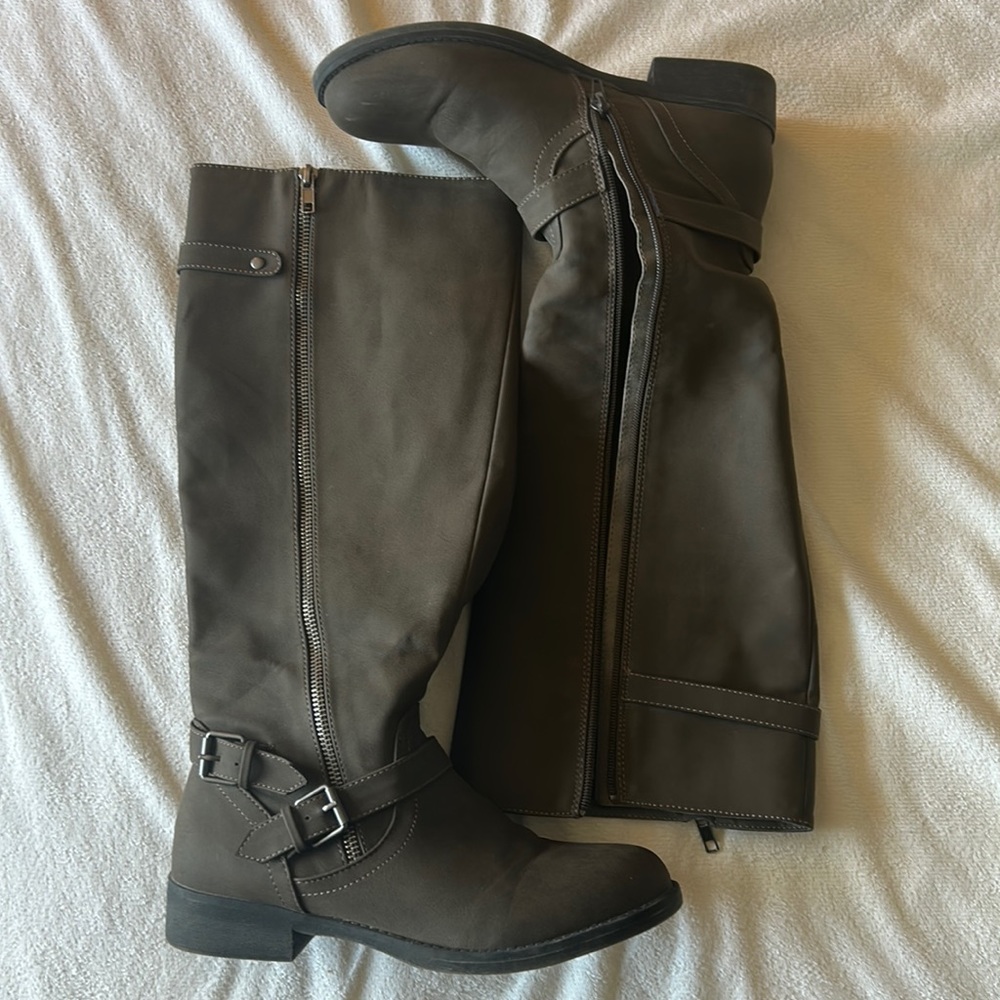 Dark brown, faux leather calf boots